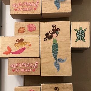 Mermaid Wooden Stamp Set  Craft Art - Green & Pink Mermaid Design